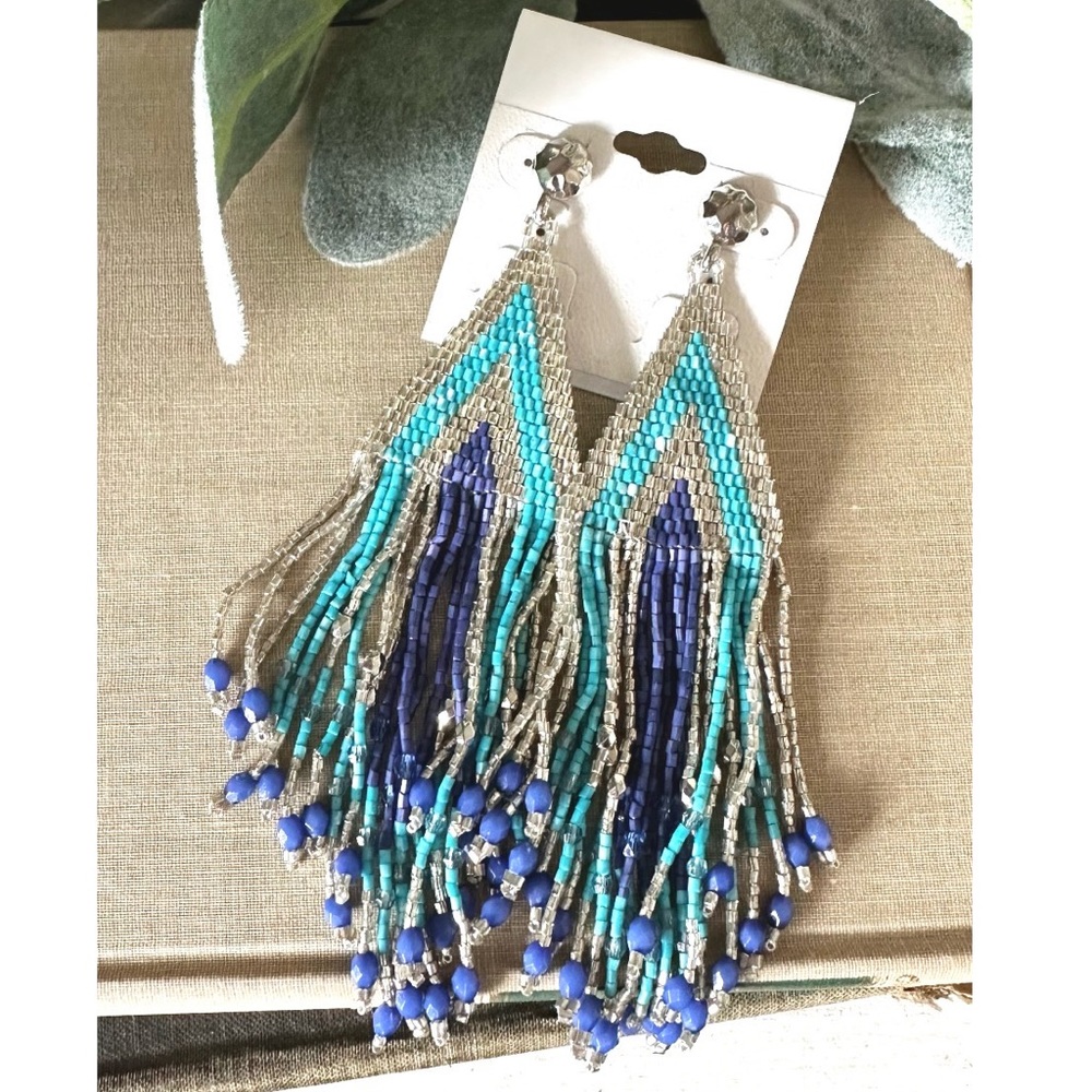Free when bundled- Long beaded tassel blue earrings